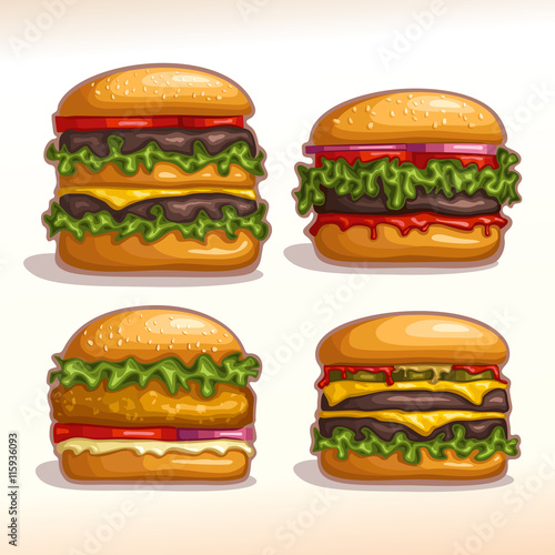 Vector logo set isolated burgers: hamburger, cheeseburger, chickenburger homemade. Bun sesame, meat beef grilled patty steak, leaf lettuce salad. Big Burger menu for american fast food cafe takeaway 