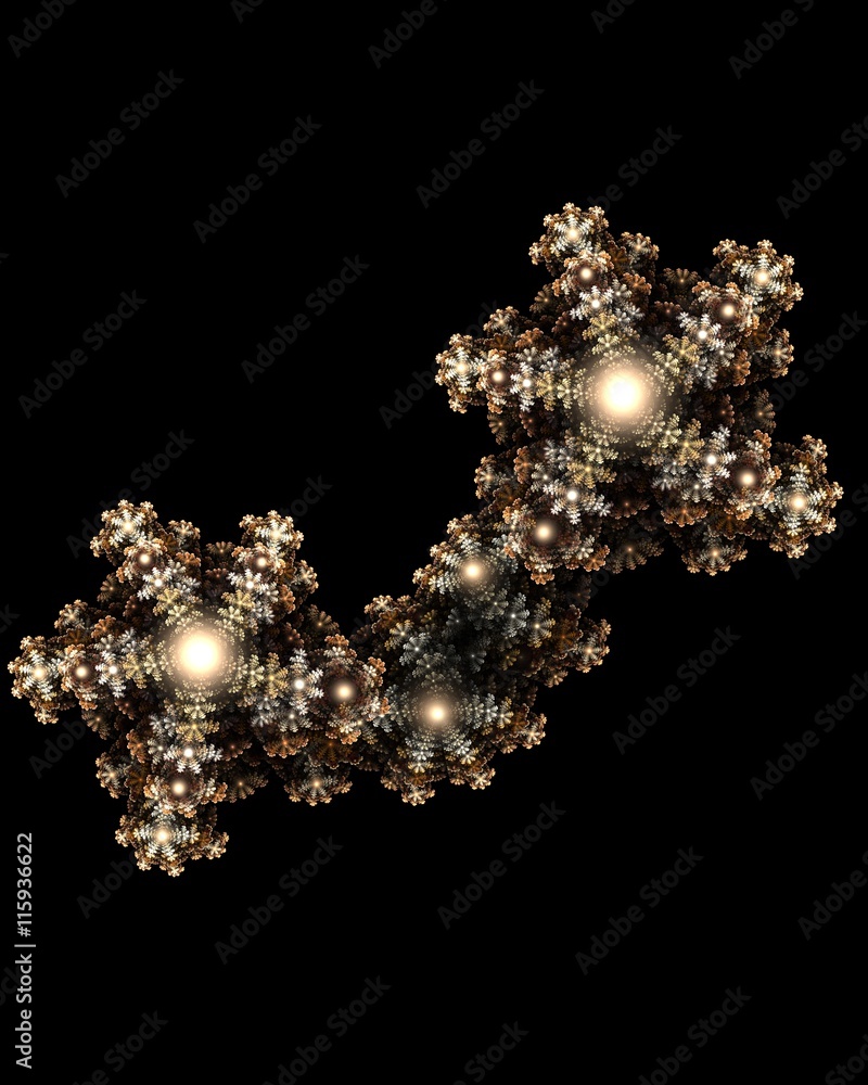 Fototapeta premium Gold flowers or snowflakes on black background. Creative fractal design