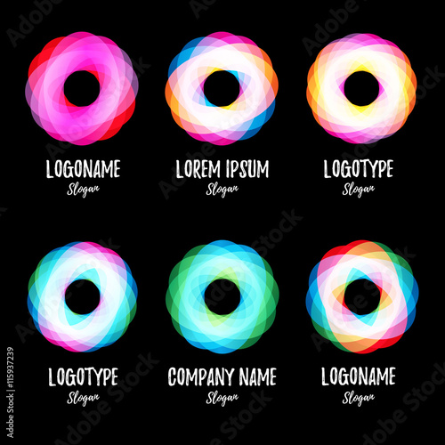 Colored intersecting ovals on black background. Abstract twist isolated vector colorful logo. Collection shiny logos. Hurricane, tornado logotype.