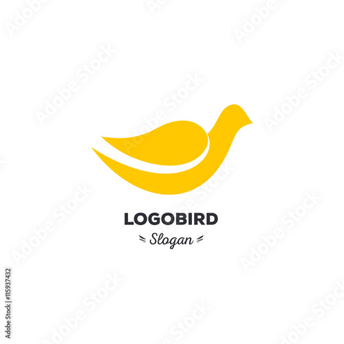 Fun, beauty, isolated, cartoon, geek dove, vector shape, stylish, minimalistic, flat, elegant, silhouette stylized logotype, yellow color logo template. Dove, bird, wings, tail, duck wings, tail, duck