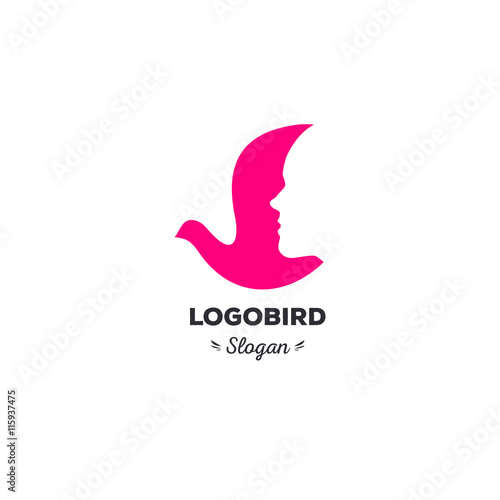 Fun, beauty, isolated, cartoon, geek dove, vector shape, stylish, minimalistic, flat, elegant, silhouette stylized logotype, pink color logo template. Dove, bird, wings, face, tail, duck wings, tail.