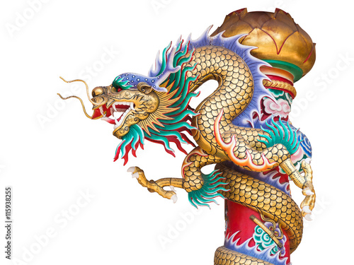 Chinese dragon statue on the pole isolated with clipping path