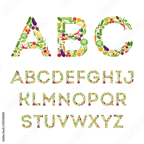 Vegetables Alphabet set. Colorful letters set from vegetables. Decoration concept for books, menus, shops.