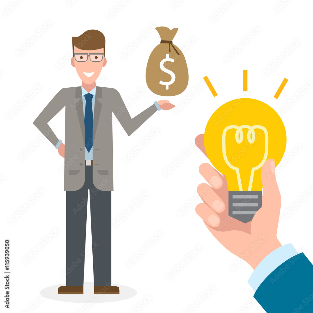 Businessman buy idea. Handsome businessman has money bag. Selling new ideas, getting money. Funding concept. Businessman buy idea. Handsome businessman has money bag. Selling new ideas, getting money. Funding concept.