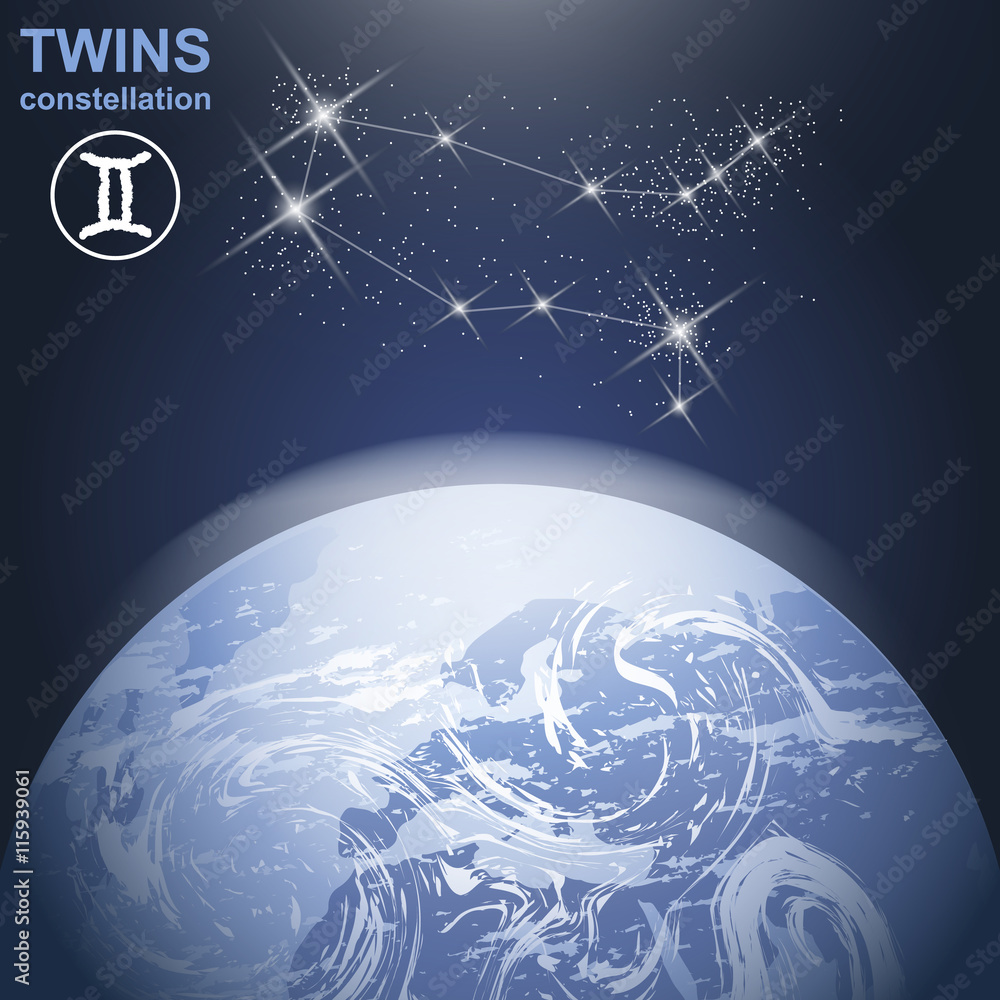 Twins constellation with stars and planet earth in 3d with light and atmosphere. Digital vector image