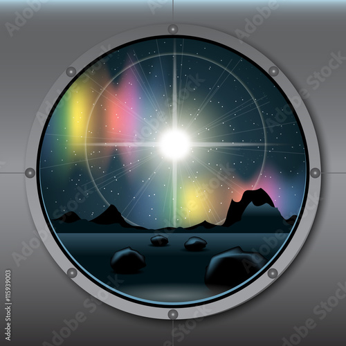 View from rocket or ship porthole on a planet in space over a background with glowing stars. Digital vector image