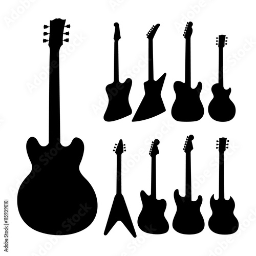 Black electric guitars silhouette on white background. Isolated musical equipment for entertainment and music band.