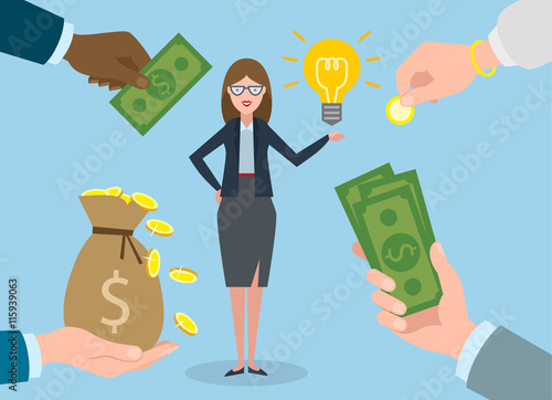 Businesswoman gets money for the idea. Beautiful businesswoman has idea bulb. Selling new ideas, getting money bag.
