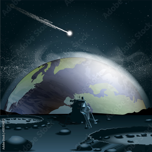 Big planet earth seen from the moon in 3d, over a background full of glowing stars and a falling asteroid or comet. Digital vector image