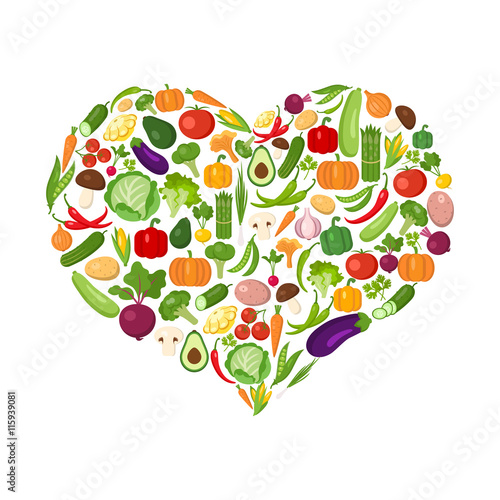 Heart shaped vegetables set on white. All the fresh and healthy vegetables including peas avocado, cucumber, lonion, broccoli, pepper, chili, tomato and more.