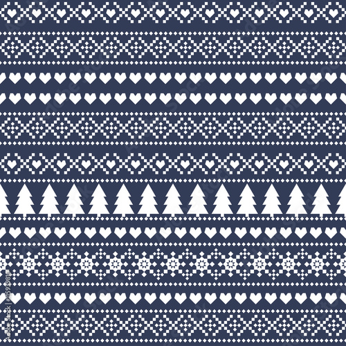 Simple Christmas pattern - Xmas trees, hearts, snowflakes on blue background. Seamless Christmas background, card - Scandinavian sweater style. Design for textile, wallpaper, web, fabric, decor etc.