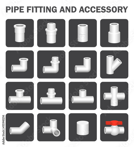 PVC or plastic pipe fitting vector icon. Include straight, nipple, reducer, elbow, tee, valve. For connection many size of tube pipe in pipeline for plumbing, drainage system, sewage and water supply.