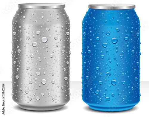 Aluminum Cans in grey and blue with fresh water drops