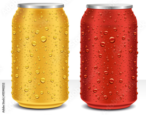 Aluminum Cans in red and gold with fresh water drops