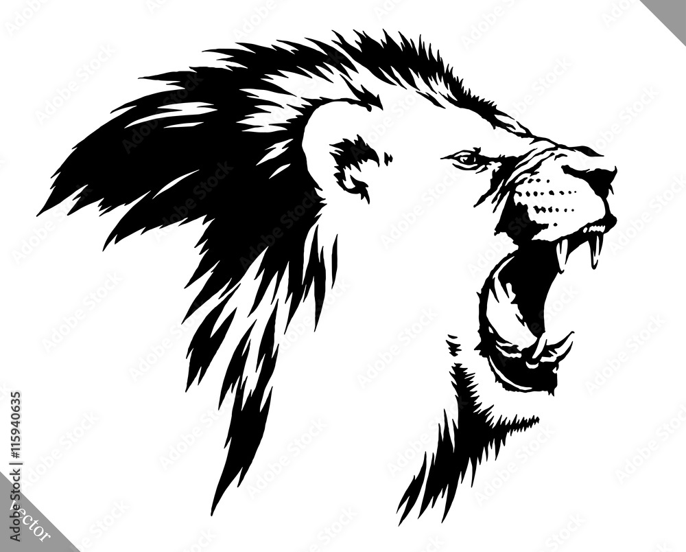 black and white linear paint draw lion vector illustration Stock Vector ...