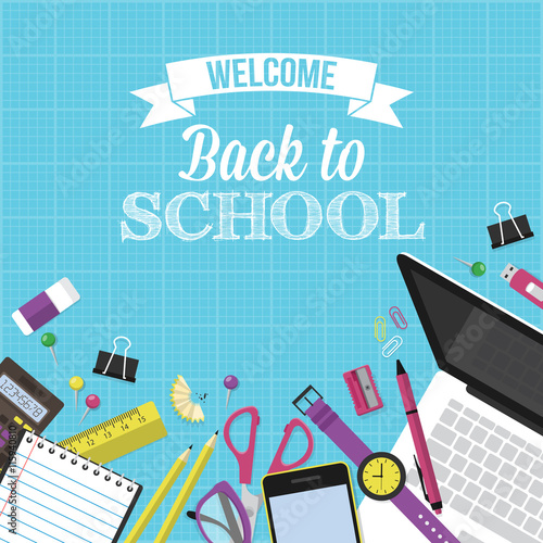 Modern back to school background with typography and  flat schoo