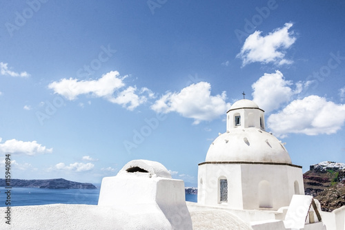 White church in Thira on Santorini Island, Greece