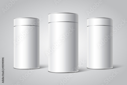 Three White Blank Tin can packaging mockup. Tea, coffee, dry products, gift box. Place your design.