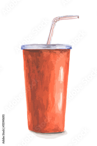 Watercolor cola cup. Isolated red cola cup with sraw on white background. Tasty beverages like cola, juice, lemonade and more.