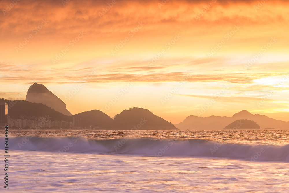 Sunrise view of Copacabana and mountain Sugar Loaf in Rio de Jan