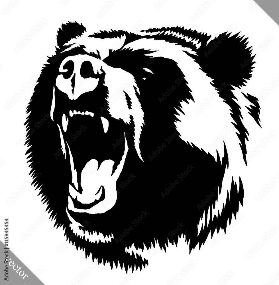 Obraz premium black and white ink draw bear vector illustration