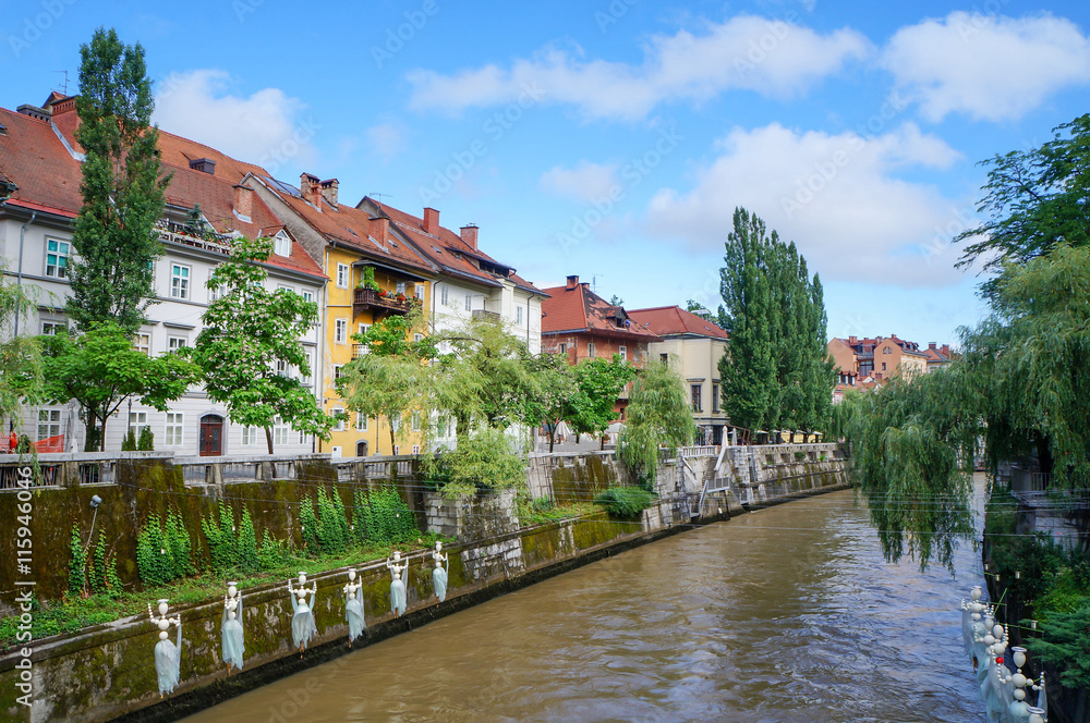 Slovenian capital Ljubljana riverbank in city center Slovenian capital Ljubljana riverbank in city center