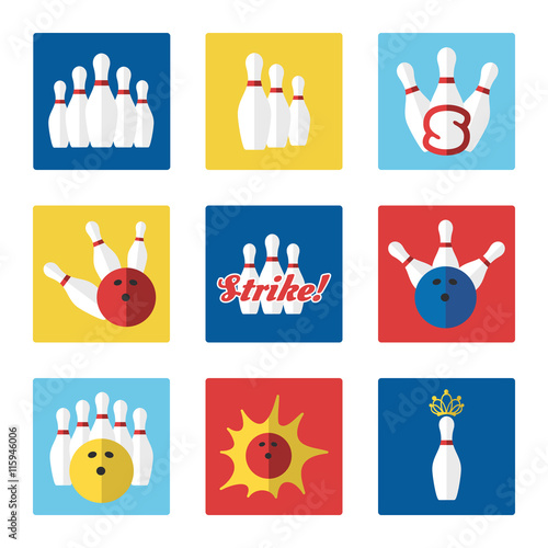 Bowling flat colorful icons set vector with ball and skittle