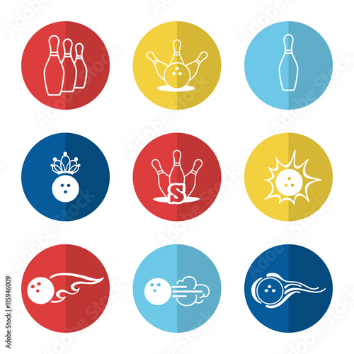 Bowling line icons set vector with ball and skittle