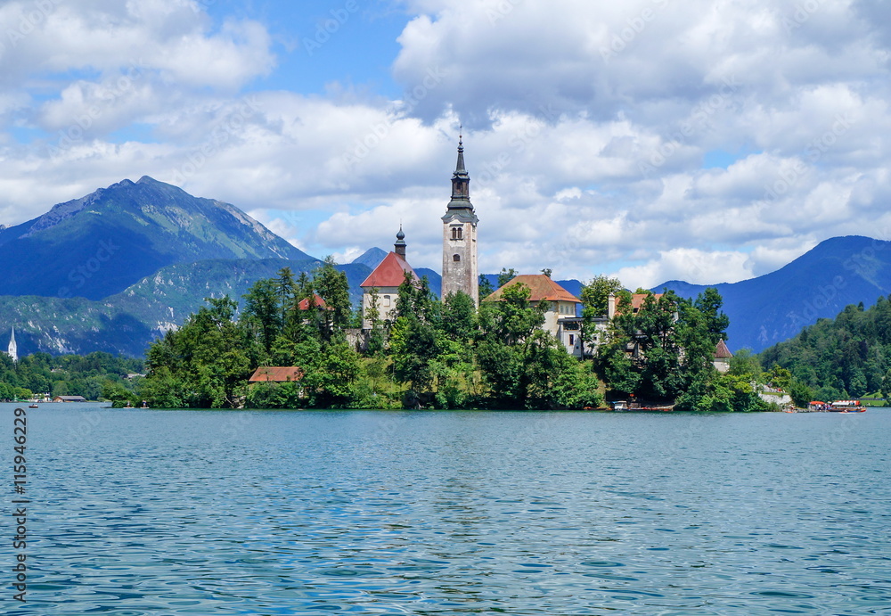 Bled lake in Slovenia, view at famous church