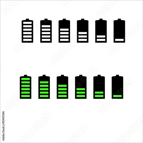Battery life, battery level indicators black and green battery icon.