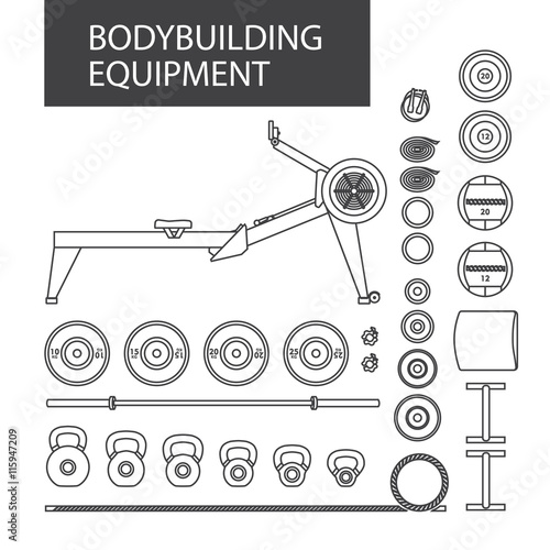 Set of bodybuilding elements. Vector line style