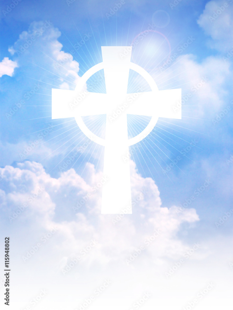 Cross of Christianity symbol on clouds