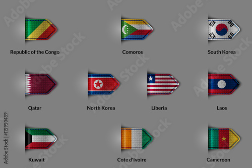 Set of flags in the form of a glossy textured label or bookmark. Congo Comoros South Korea Qatar North Korea Liberia Laos Kuwait Ivory Coast Cameroon.