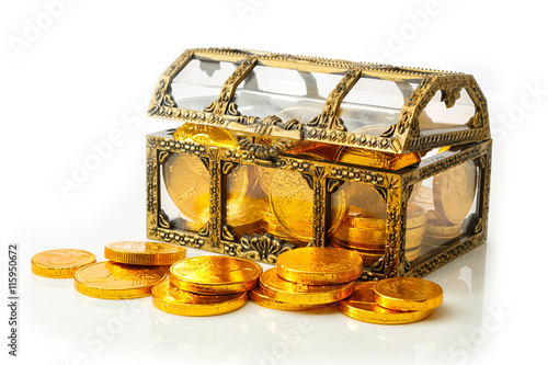 Treasure chest with golden coins isolated on white