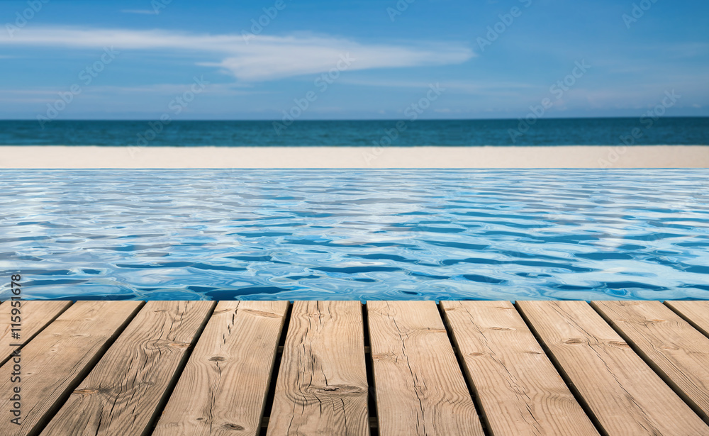 wooden floor with infinity pool on beach background