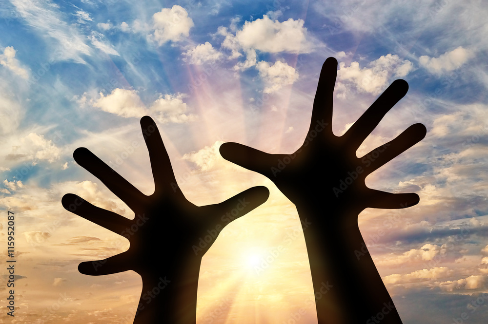 Hands praying person facing the sky Hands praying person facing the sky