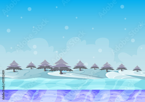 cartoon vector snow landscape with separated layers for game and animation, game design asset