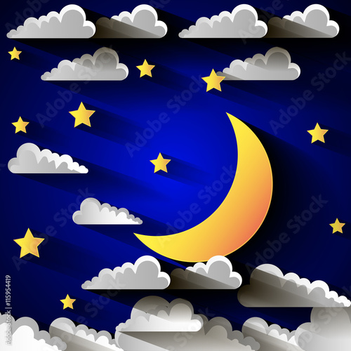 Moon and stars in the clouds.