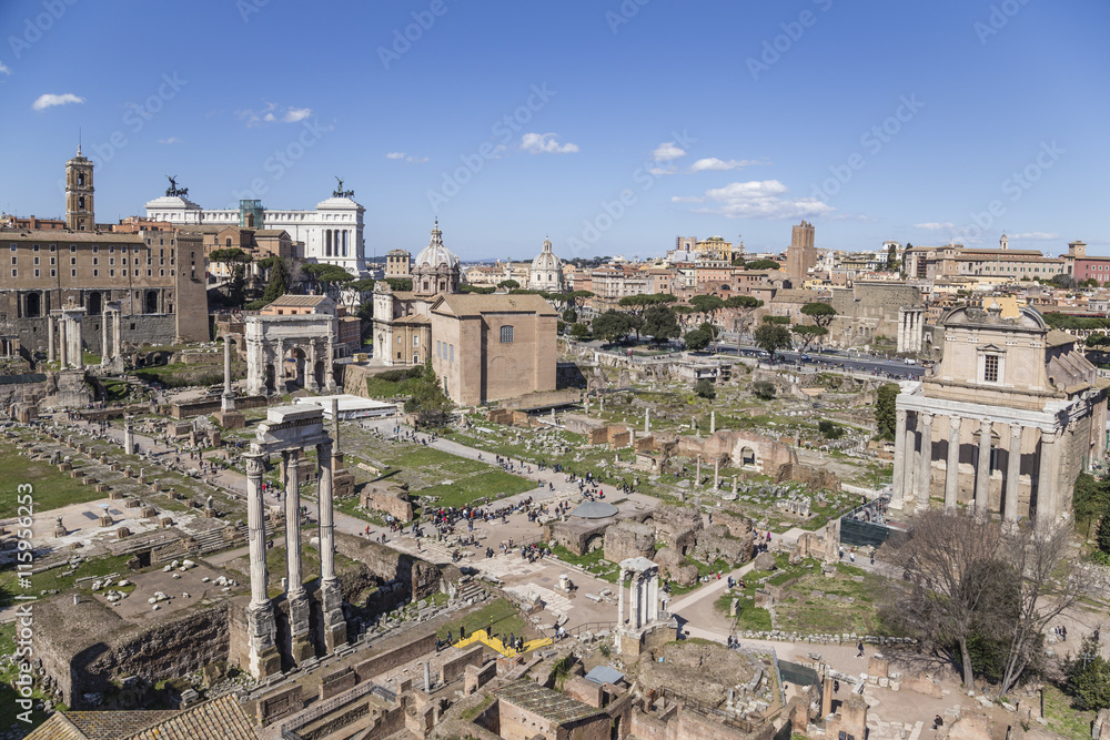 The Roman Forum is in Rome, Italy. It was center of ancient Rome. It served as a public area in which commercial, religious, economic, legal and political activities occurred.