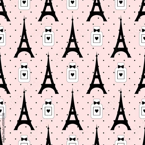 Tapety Śliczna kreskówki wycieczka turysyczna Eiffel z pachnidło butelki wektorową ilustracją na różowym polki kropki tle. Wzór symboli Paryża. Romantyczna podróż po Paryżu. Projektowanie tkanin, tkanin i dekoracji.