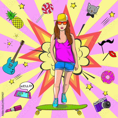 Girl hipster on longboard (skateboard). Modern urban style and culture. Colored vector illustration