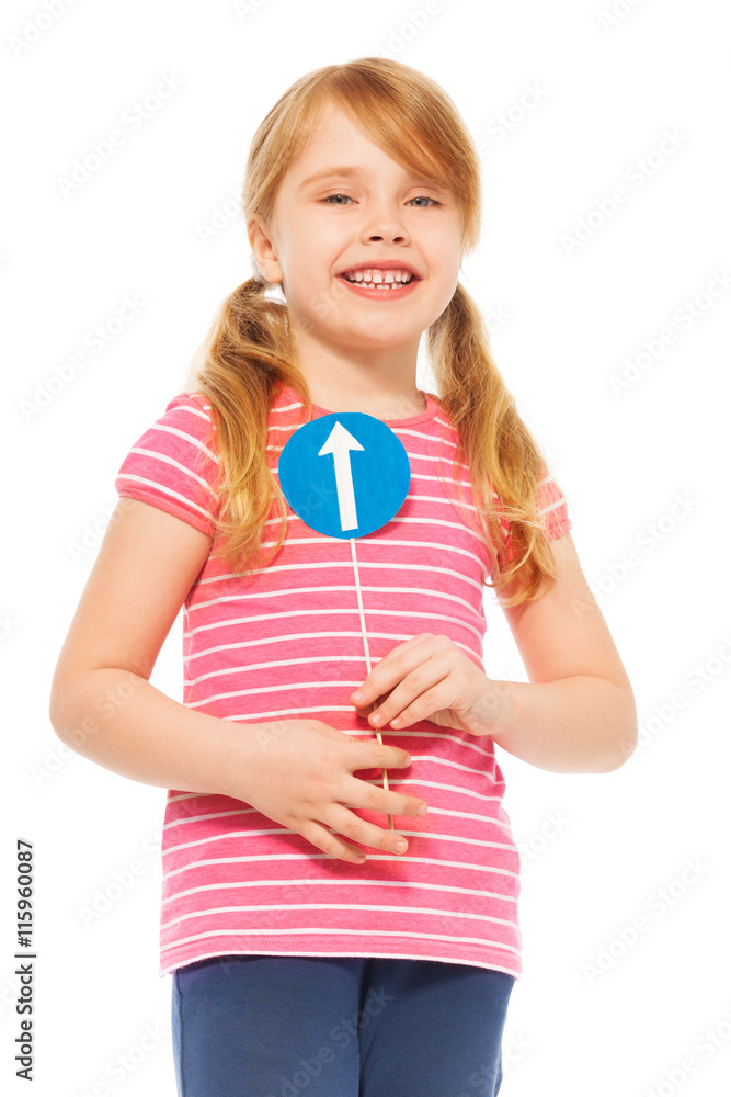 Smiling girl holding road direction sign icon Smiling girl holding road direction sign icon