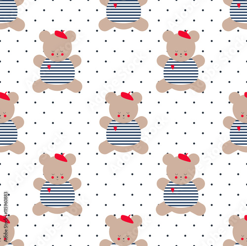 Teddy bear seamless pattern on polka dot background. Cute cartoon french style dressed teddy bear vector illustration. Baby shower background. Fashion design for textile, wallpaper, fabric, decor etc.