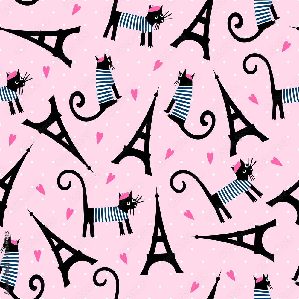 Paris symbols seamless pattern. Cute cartoon parisian cat and tour Eiffel  vector illustration on pink polka dots background. French style dressed cat  with beret and striped frock. Stock Vector | Adobe Stock