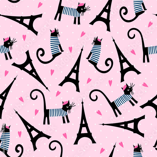 Paris symbols seamless pattern. Cute cartoon parisian cat and tour Eiffel vector illustration on pink polka dots background. French style dressed cat with beret and striped frock.