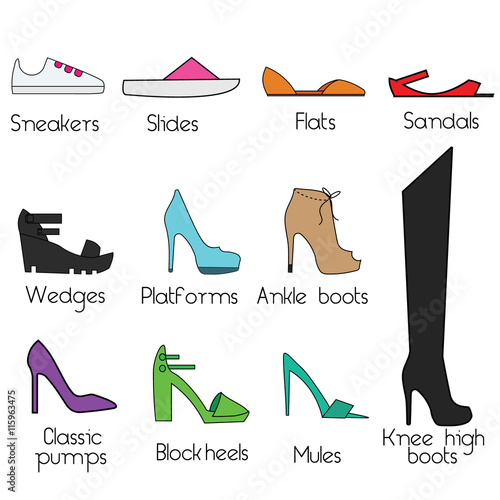 Shoes models for women. Vector icons set, design elements