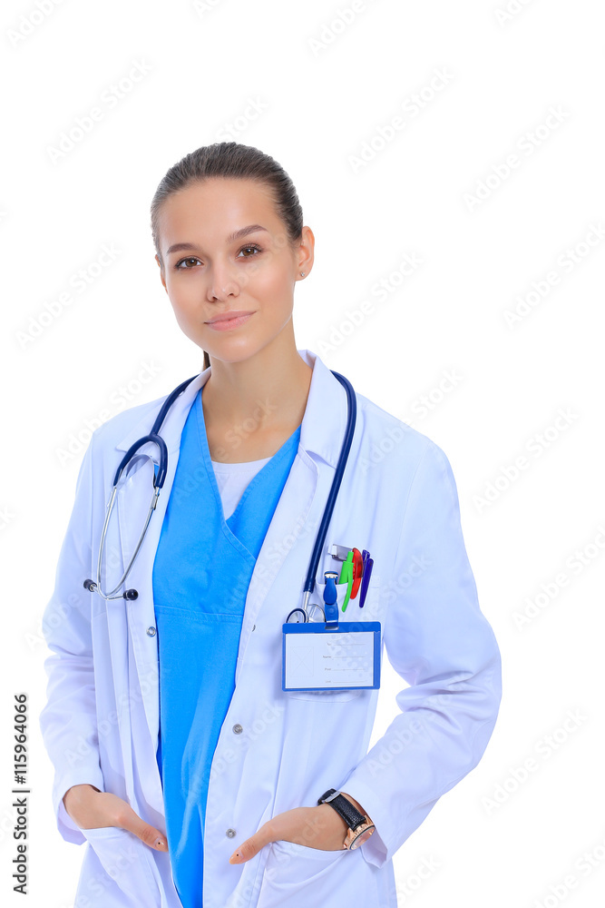 Beautiful young woman in white coat posing with hand in pocket. Beautiful young woman in white coat posing with hand in pocket.