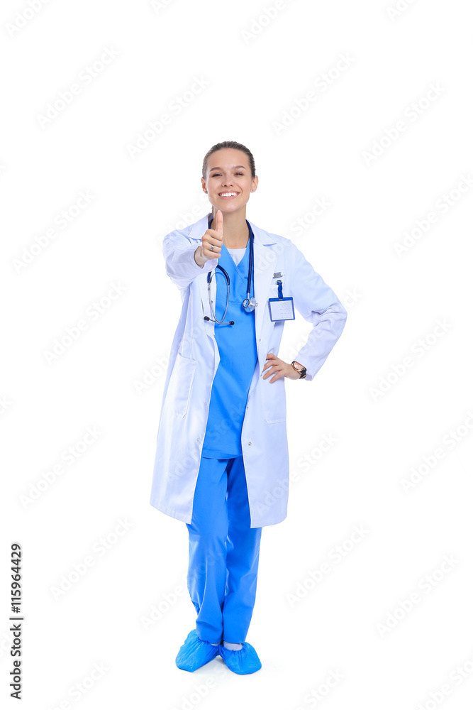 A female doctor showing ok, isolated on white background A female doctor showing ok, isolated on white background