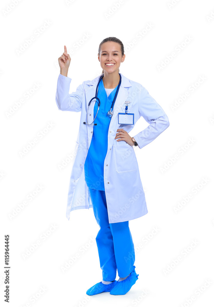 A portrait of a female doctor pointing isolated on white background A portrait of a female doctor pointing isolated on white background