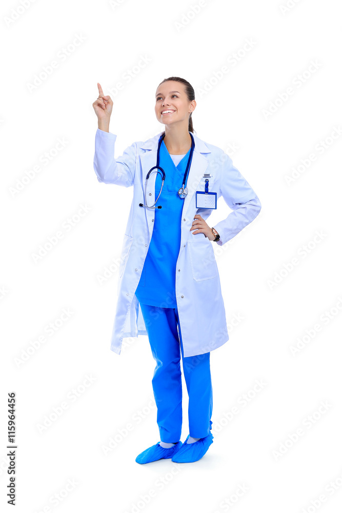A portrait of a female doctor pointing isolated on white background A portrait of a female doctor pointing isolated on white background